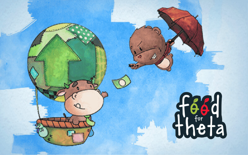 A cartoon bear and bull racing to grab a dollar floating in the air