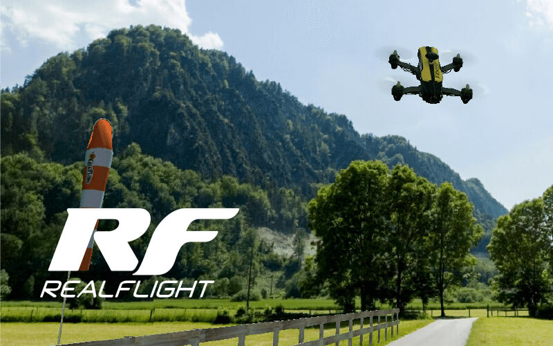 A yellow drone flies near a hillside with the RealFlight Logo